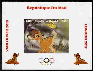 Mali 2010 Bambi with Olympic Rings individual imperf deluxe sheet #1 unmounted mint. Note this item is privately produced and is offered purely on its thematic appeal, stamps on olympics, stamps on disney, stamps on films, stamps on cinena, stamps on movies, stamps on deer