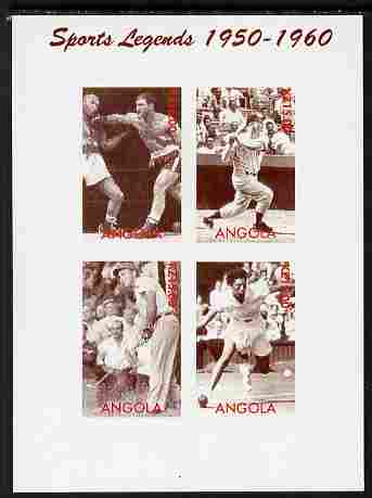Angola 2000 Sports Legends 1950-1960 imperf sheetlet containing 4 values (Boxing, Baseball, Golf & Tennis) unmounted mint. Note this item is privately produced and is offered purely on its thematic appeal, stamps on personalities, stamps on sports, stamps on golf, stamps on baseball, stamps on tennis, stamps on boxing, stamps on women