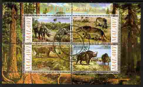 Malawi 2010 Dinosaurs #10 perf sheetlet containing 4 values fine cto used, stamps on dinosaurs