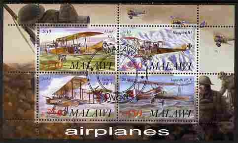 Malawi 2010 Military Aircraft of WW1 perf sheetlet containing 4 values fine cto used, stamps on aviation, stamps on militaria, stamps on  ww1 , stamps on 