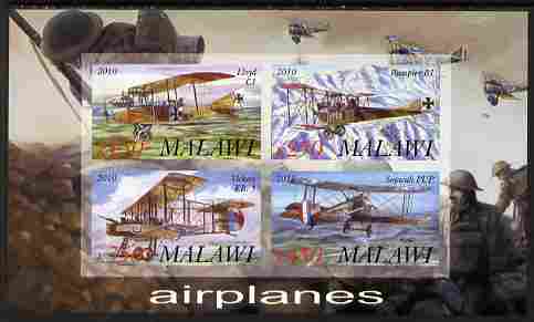 Malawi 2010 Military Aircraft of WW1 imperf sheetlet containing 4 values unmounted mint, stamps on aviation, stamps on militaria, stamps on  ww1 , stamps on 