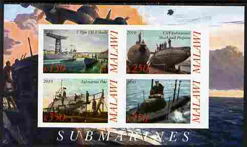 Malawi 2010 Submarines #01 imperf sheetlet containing 4 values unmounted mint, stamps on ships, stamps on submarines