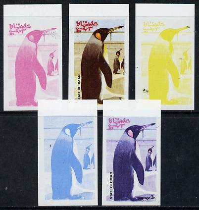 Oman 1974 Zoo Animals 3b (Penguin) set of 5 imperf progressive colour proofs comprising 3 individual colours (red, blue & yellow) plus 3 and all 4-colour composites unmou..., stamps on birds    polar     penguin    zoo, stamps on  zoo , stamps on zoos, stamps on 
