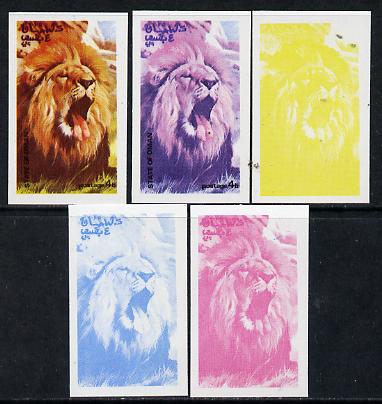 Oman 1974 Zoo Animals 4b (Lion) set of 5 imperf progressive colour proofs comprising 3 individual colours (red, blue & yellow) plus 3 and all 4-colour composites unmounte..., stamps on animals    cats    zoo, stamps on  zoo , stamps on zoos, stamps on 