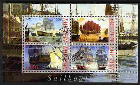 Malawi 2010 Tall Ships #03 perf sheetlet containing 4 values fine cto used, stamps on ships, stamps on 