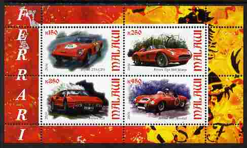 Malawi 2010 Sports Cars - Ferrari perf sheetlet containing 4 values unmounted mint, stamps on cars, stamps on ferrari