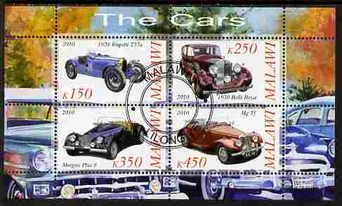 Malawi 2010 Cars #02 - Bugatti, Rolls Royce, MG & Morgan perf sheetlet containing 4 values fine cto used, stamps on cars, stamps on bugatti, stamps on rolls, stamps on  mg , stamps on morgan