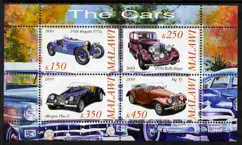 Malawi 2010 Cars #02 - Bugatti, Rolls Royce, MG & Morgan perf sheetlet containing 4 values unmounted mint, stamps on , stamps on  stamps on cars, stamps on  stamps on bugatti, stamps on  stamps on rolls, stamps on  stamps on  mg , stamps on  stamps on morgan