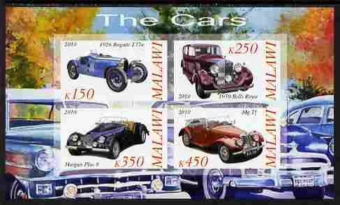 Malawi 2010 Cars #02 - Bugatti, Rolls Royce, MG & Morgan imperf sheetlet containing 4 values unmounted mint, stamps on , stamps on  stamps on cars, stamps on  stamps on bugatti, stamps on  stamps on rolls, stamps on  stamps on  mg , stamps on  stamps on morgan