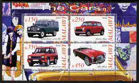 Malawi 2010 Cars #03 - Land Rover, Morris Mini & MG perf sheetlet containing 4 values unmounted mint, stamps on cars, stamps on land rover, stamps on  mg , stamps on morris, stamps on mini