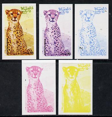 Oman 1974 Zoo Animals 15b (Cheetah) set of 5 imperf progressive colour proofs comprising 3 individual colours (red, blue & yellow) plus 3 and all 4-colour composites unmounted mint, stamps on animals       cats    zoo, stamps on  zoo , stamps on zoos, stamps on 