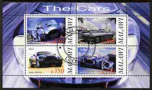 Malawi 2010 Cars #07 - Cobra, Mercedes, Shelby & Aston Martin perf sheetlet containing 4 values fine cto used, stamps on cars, stamps on cobra, stamps on mercedes, stamps on shelby, stamps on aston martin