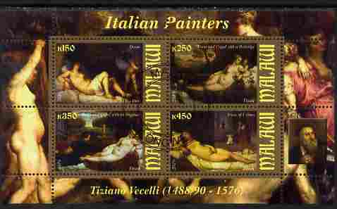 Malawi 2010 Art - Italian Painters - Tiziano Vecelli perf sheetlet containing 4 values fine cto used, stamps on arts, stamps on nudes, stamps on vecelli