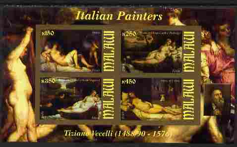 Malawi 2010 Art - Italian Painters - Tiziano Vecelli imperf sheetlet containing 4 values unmounted mint, stamps on arts, stamps on nudes, stamps on vecelli