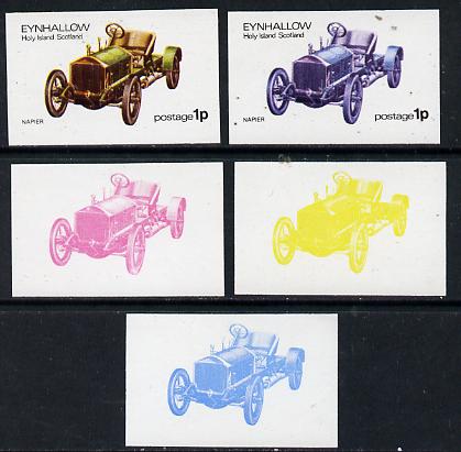 Eynhallow 1974 Vintage Cars #1 1p (Napier) set of 5 imperf progressive colour proofs comprising 3 individual colours (red, blue & yellow) plus 3 and all 4-colour composites unmounted mint, stamps on cars, stamps on napier