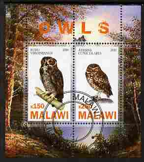 Malawi 2010 Owls perf sheetlet containing 2 values fine cto used, stamps on owls, stamps on birds of prey, stamps on birds