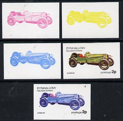 Eynhallow 1974 Vintage Cars #1 2p (Sunbeam) set of 5 imperf progressive colour proofs comprising 3 individual colours (red, blue & yellow) plus 3 and all 4-colour composites unmounted mint, stamps on cars, stamps on sunbeam
