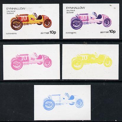 Eynhallow 1974 Vintage Cars #1 10p (Duesenberg) set of 5 imperf progressive colour proofs comprising 3 individual colours (red, blue & yellow) plus 3 and all 4-colour composites unmounted mint, stamps on cars, stamps on duesenberg