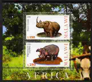 Malawi 2010 African Animals - Rhino & Hippo perf sheetlet containing 2 values unmounted mint, stamps on animals, stamps on rhinos, stamps on hippos
