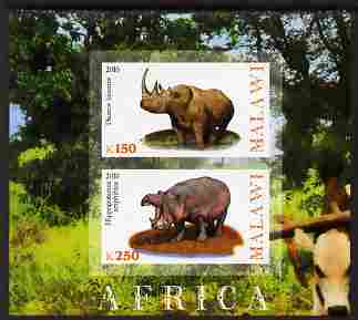 Malawi 2010 African Animals - Rhino & Hippo imperf sheetlet containing 2 values unmounted mint, stamps on animals, stamps on rhinos, stamps on hippos