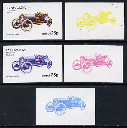 Eynhallow 1974 Vintage Cars #1 25p (Hispano-Suiza) set of 5 imperf progressive colour proofs comprising 3 individual colours (red, blue & yellow) plus 3 and all 4-colour ..., stamps on cars, stamps on hispano-suiza