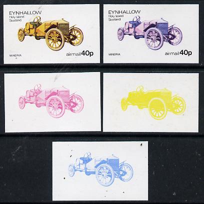 Eynhallow 1974 Vintage Cars #1 40p (Minerva) set of 5 imperf progressive colour proofs comprising 3 individual colours (red, blue & yellow) plus 3 and all 4-colour compos..., stamps on cars, stamps on minerva