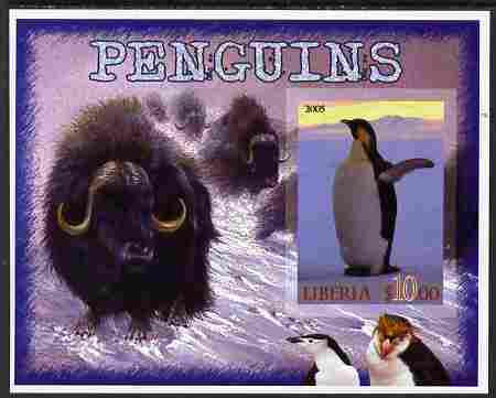 Liberia 2005 Penguins #01 imperf m/sheet with Buffalo in background unmounted mint, stamps on , stamps on  stamps on penguins, stamps on  stamps on polar, stamps on  stamps on birds, stamps on  stamps on bovine