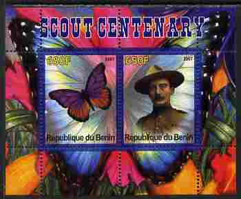 Benin 2007 Scout Centenary & Butterflies #3 perf s/sheet containing 2 values unmounted mint. Note this item is privately produced and is offered purely on its thematic appeal, stamps on , stamps on  stamps on butterflies, stamps on  stamps on scouts