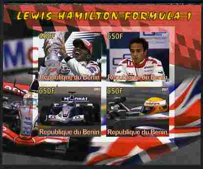Benin 2007 Lewis Hamilton Formula 1 imperf sheetlet containing 4 values unmounted mint. Note this item is privately produced and is offered purely on its thematic appeal, stamps on , stamps on  stamps on personalities, stamps on  stamps on sport, stamps on  stamps on cars, stamps on  stamps on  f1 , stamps on  stamps on 