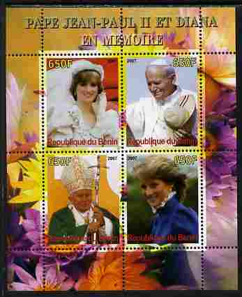 Benin 2007 Pope John-Paul & Princess Diana perf sheetlet containing 4 values unmounted mint. Note this item is privately produced and is offered purely on its thematic appeal, stamps on , stamps on  stamps on personalities, stamps on  stamps on popes, stamps on  stamps on royalty, stamps on  stamps on diana, stamps on  stamps on pope