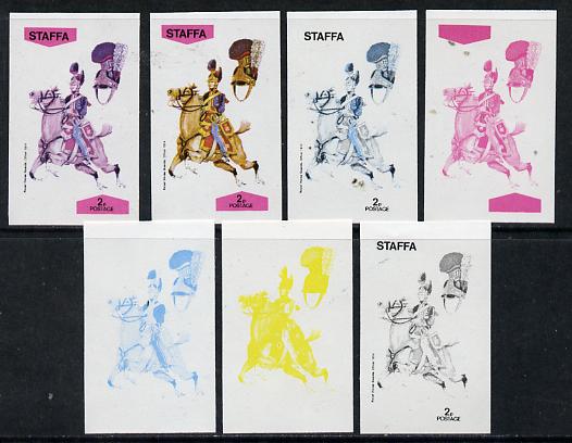 Staffa 1974 Military Uniforms (on Horseback) 2p (Royal Horse Guards 1814) set of 7 imperf progressive colour proofs comprising the 4 individual colours plus 2, 3 and all ..., stamps on animals   horses   militaria, stamps on uniforms