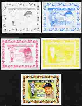 Guinea - Bissau 2007 Sportsmen of the Century - Babe Ruth individual deluxe sheet - the set of 5 imperf progressive proofs comprising the 4 individual colours plus all 4-..., stamps on personalities, stamps on sport, stamps on baseball
