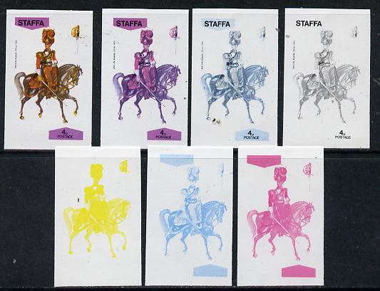 Staffa 1974 Military Uniforms (on Horseback) 4p (2nd Life Guards 1820) set of 7 imperf progressive colour proofs comprising the 4 individual colours plus 2, 3 and all 4-c..., stamps on animals   horses   militaria, stamps on uniforms