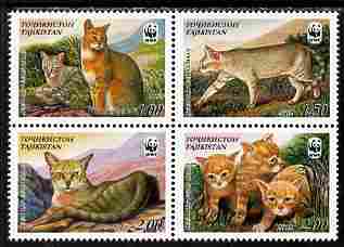 Tadjikistan 2001 WWF - Reed Cat perf set of 4 in se-tenant block unmounted mint SG 189-92, stamps on animals, stamps on  wwf , stamps on cats