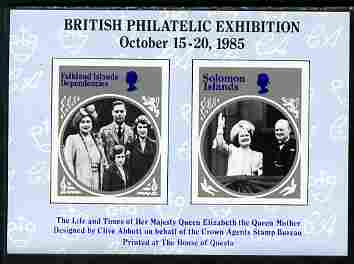 Cinderella - 1985 British Philatelic Exhibition imperf sheetlet containing 2 black & white images of the Queen Mother (Falkland Island Deps & Solomon Islands designs), stamps on royalty, stamps on queen mother, stamps on stamp exhibitions