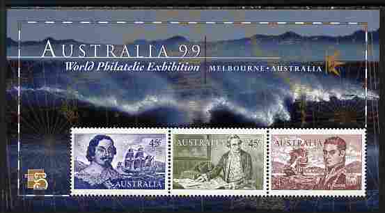 Australia 1999 Australia '99 Stamp Exhibition perf m/sheet #1 containing 3 x 45c Navigator stamps depicting Tasman, Cook & Flinders unmounted mint SG MS 1852a, stamps on navigators, stamps on explorers, stamps on stamponstamp, stamps on stamp on stamp, stamps on stamp exhibitions