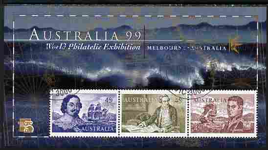 Australia 1999 Australia '99 Stamp Exhibition perf m/sheet #1 containing 3 x 45c Navigator stamps depicting Tasman, Cook & Flinders fine cds used SG MS 1852a, stamps on navigators, stamps on explorers, stamps on stamponstamp, stamps on stamp on stamp, stamps on stamp exhibitions
