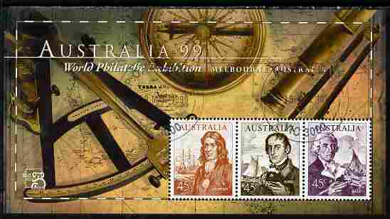 Australia 1999 Australia '99 Stamp Exhibition perf m/sheet #2 containing 3 x 45c Navigator stamps depicting Dampier, King & Bass fine cds used SG MS 1852b, stamps on navigators, stamps on explorers, stamps on stamponstamp, stamps on stamp on stamp, stamps on stamp exhibitions