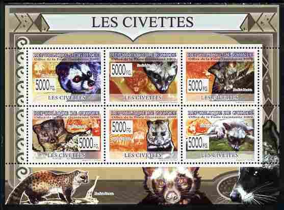 Guinea - Conakry 2009 Civets perf sheetlet containing 6 values unmounted mint, stamps on animals, stamps on civets, stamps on cats