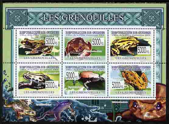 Guinea - Conakry 2009 Frogs perf sheetlet containing 6 values unmounted mint, stamps on animals, stamps on frogs