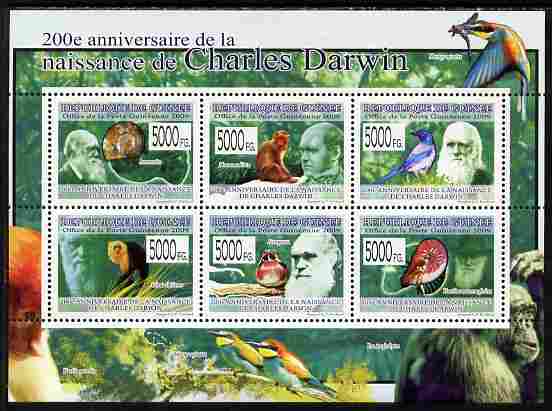 Guinea - Conakry 2009 200th Birth Anniversary of Charles Darwin #1 perf sheetlet containing 6 values unmounted mint, stamps on personalities, stamps on science, stamps on shells, stamps on animals, stamps on birds, stamps on darwin