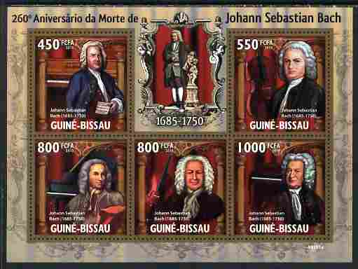 Guinea - Bissau 2010 260th death Anniversary of Bach perf sheetlet containing 5 values unmounted mint, stamps on personalities, stamps on bach, stamps on music, stamps on composers, stamps on organ