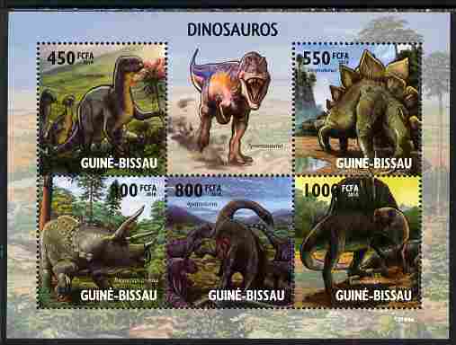 Guinea - Bissau 2010 Dinosaurs perf sheetlet containing 5 values unmounted mint, stamps on dinosaurs