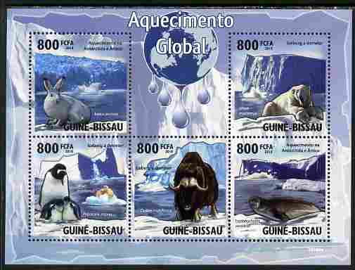 Guinea - Bissau 2010 Global Warming perf sheetlet containing 5 values unmounted mint, stamps on environment, stamps on animals, stamps on weather, stamps on polar, stamps on penguins, stamps on bears, stamps on rabbits, stamps on bovine