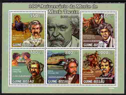 Guinea - Bissau 2010 100th death Anniversary of Mark Twain perf sheetlet containing 5 values unmounted mint, stamps on personalities, stamps on literature, stamps on masonics, stamps on masonry, stamps on paddle steamers
