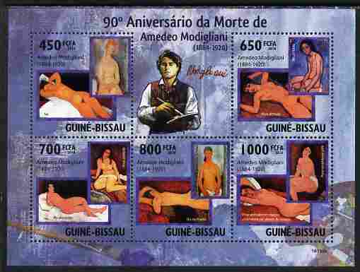 Guinea - Bissau 2010 90th death Anniversary of Modigliani perf sheetlet containing 5 values unmounted mint, stamps on personalities, stamps on arts, stamps on modigliani, stamps on nudes