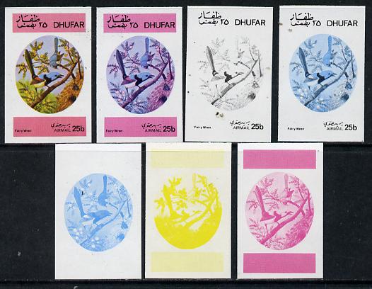 Dhufar 1973 Foreign & Exotic Birds 25b (Fairy Wren) set of 7 imperf progressive colour proofs comprising the 4 individual colours plus 2, 3 and all 4-colour composites un..., stamps on birds     wren