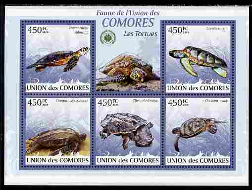 Comoro Islands 2009 Turtles perf sheetlet containing 5 values unmounted mint Yv 1641-45, stamps on , stamps on  stamps on animals, stamps on  stamps on turtles, stamps on  stamps on reptiles