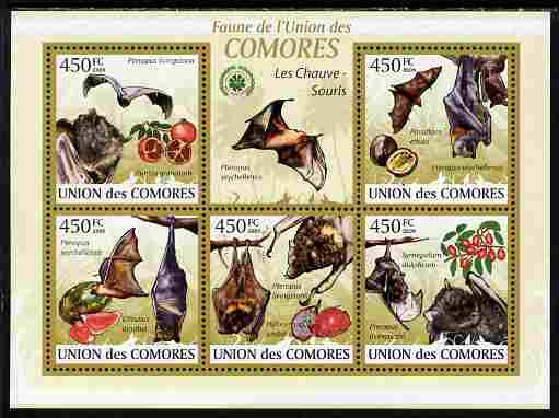 Comoro Islands 2009 Bats perf sheetlet containing 5 values unmounted mint Yv 1646-50, stamps on animals, stamps on mammals, stamps on bats, stamps on fruit