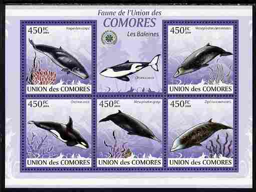 Comoro Islands 2009 Whales perf sheetlet containing 5 values unmounted mint Yv 1651-55, stamps on animals, stamps on marine life, stamps on whales